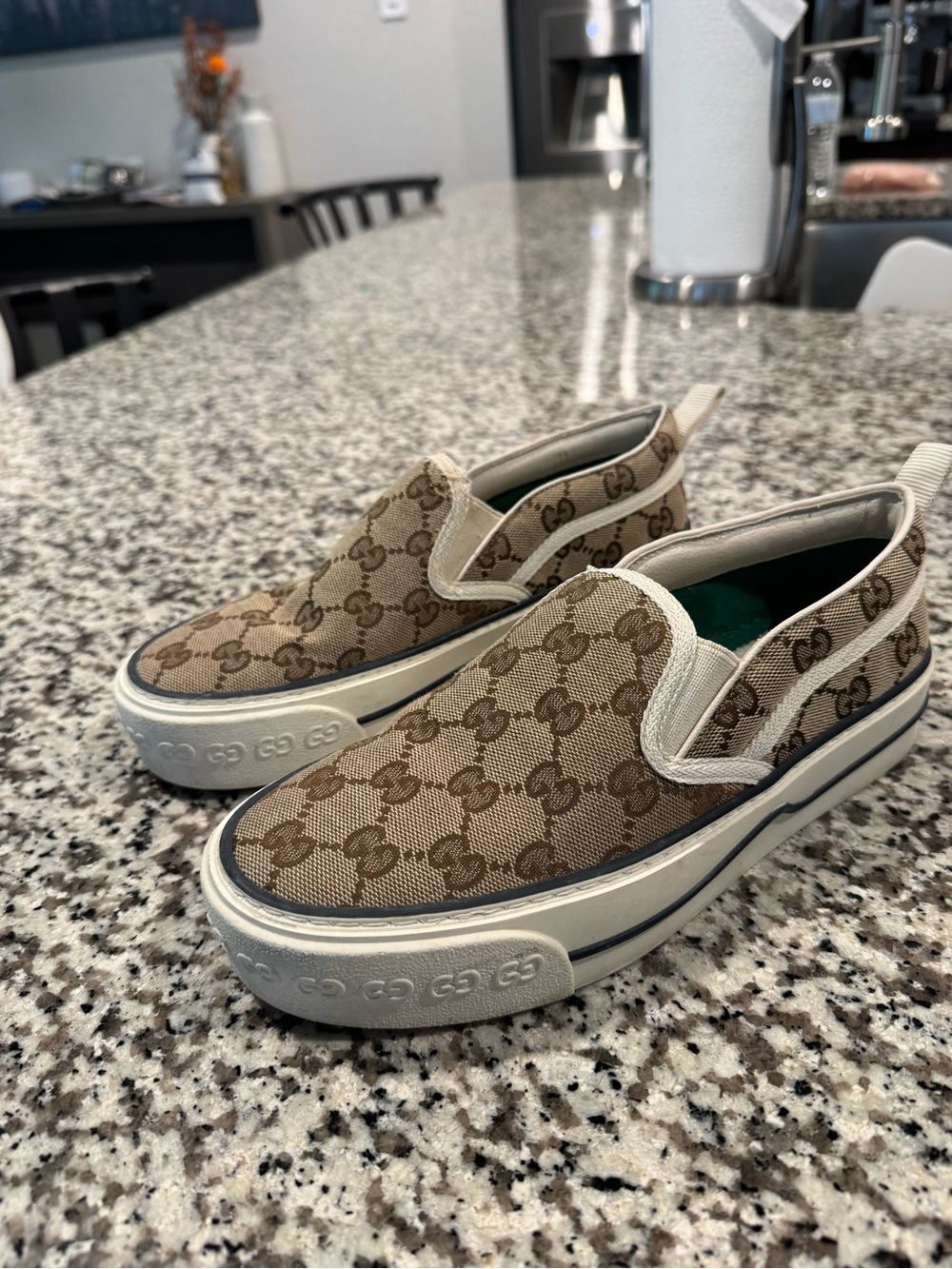 Gucci Brown Beige GG Canvas Slip-On Sneakers - Picture 2 of 6